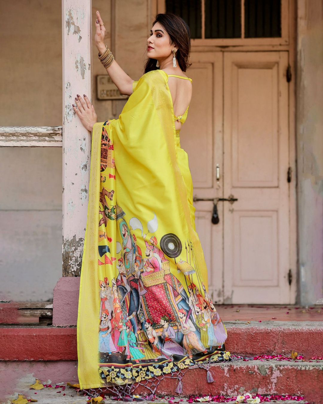 Varnavi Yellow Heritage Digital Print Silk Saree with Zari Border & Mughal Pallu