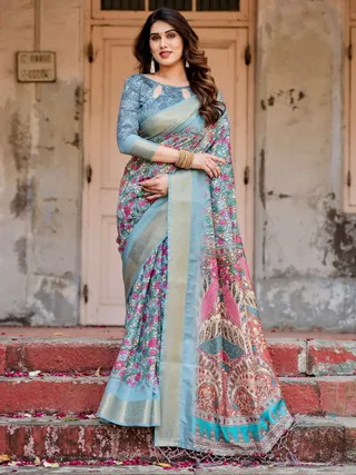 Blue Floral Heritage Silk Saree Online – Varnavi