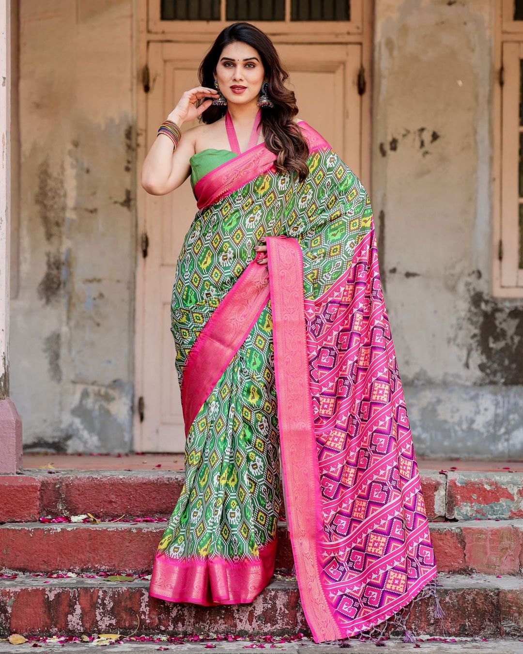 Designer Green Pink Wedding Wear Silk Saree