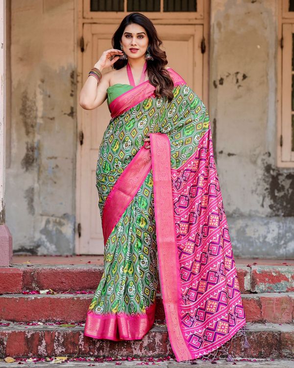 Designer Green Pink Wedding Wear Silk Saree