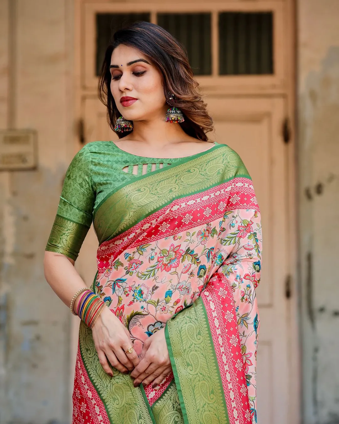 Pink Green Floral Silk Saree with Zari Border Festive