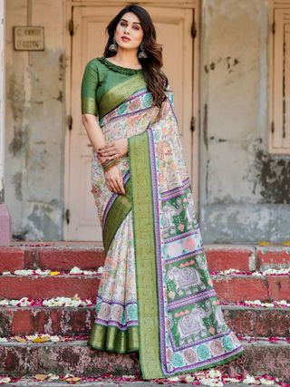 Green Ivory Printed Silk Saree with Zari Border