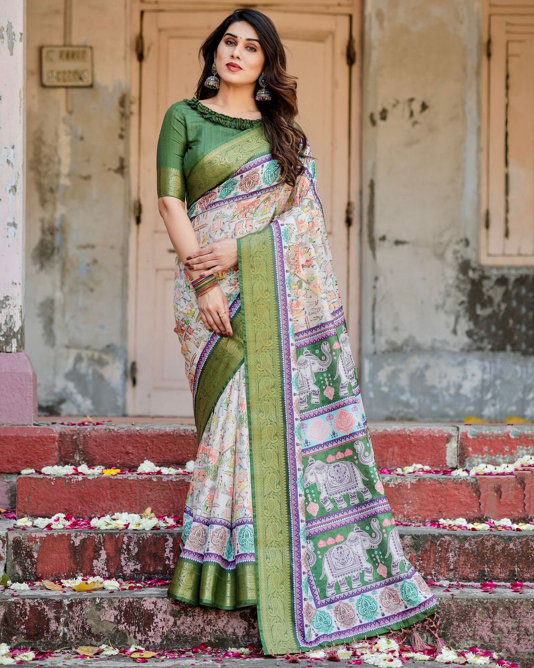 Green Ivory Printed Silk Saree with Zari Border