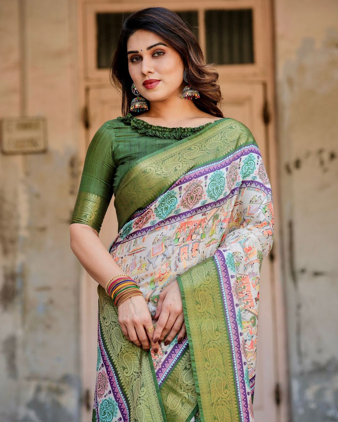 Green Ivory Printed Silk Saree with Zari Border