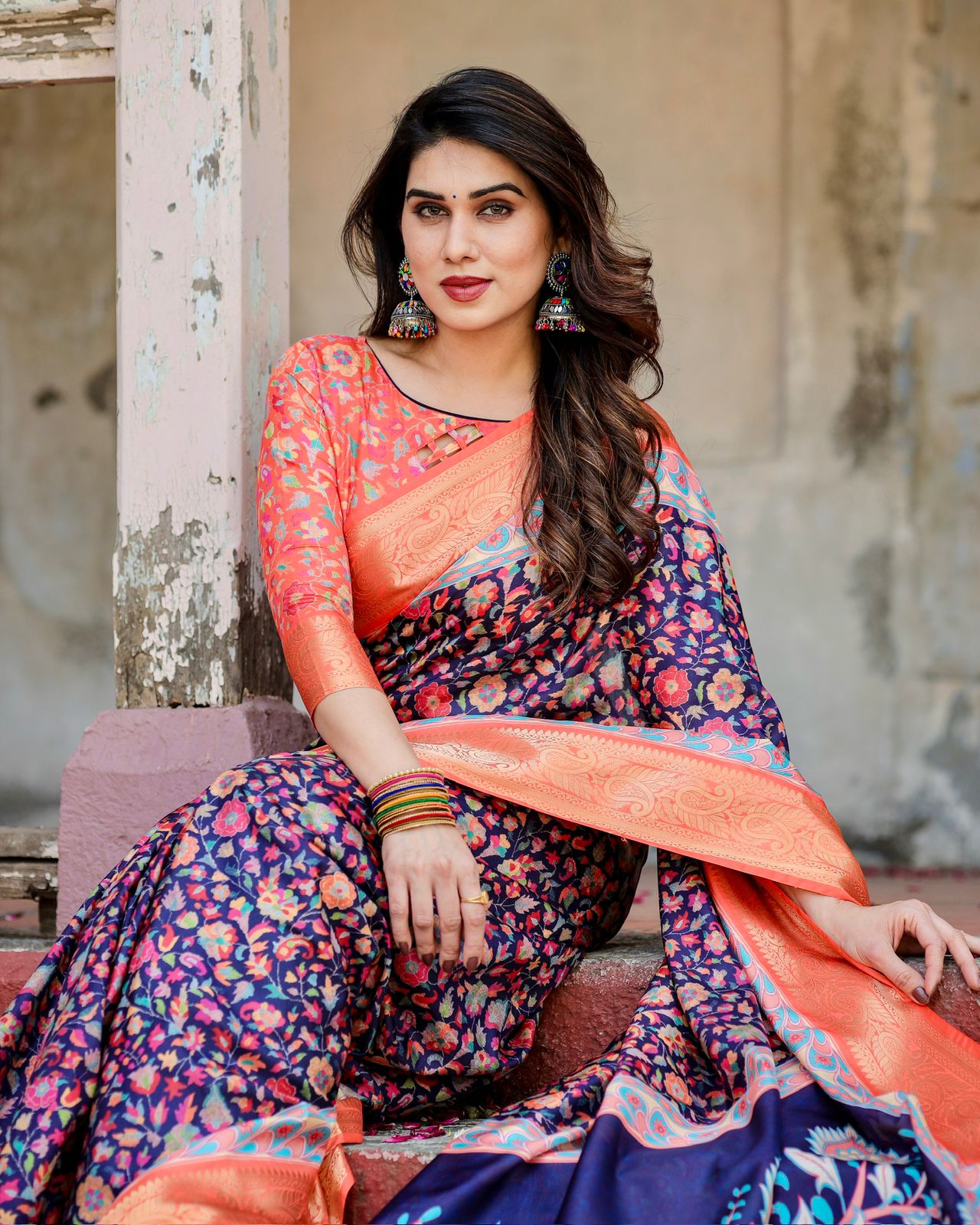 Floral peach silk saree