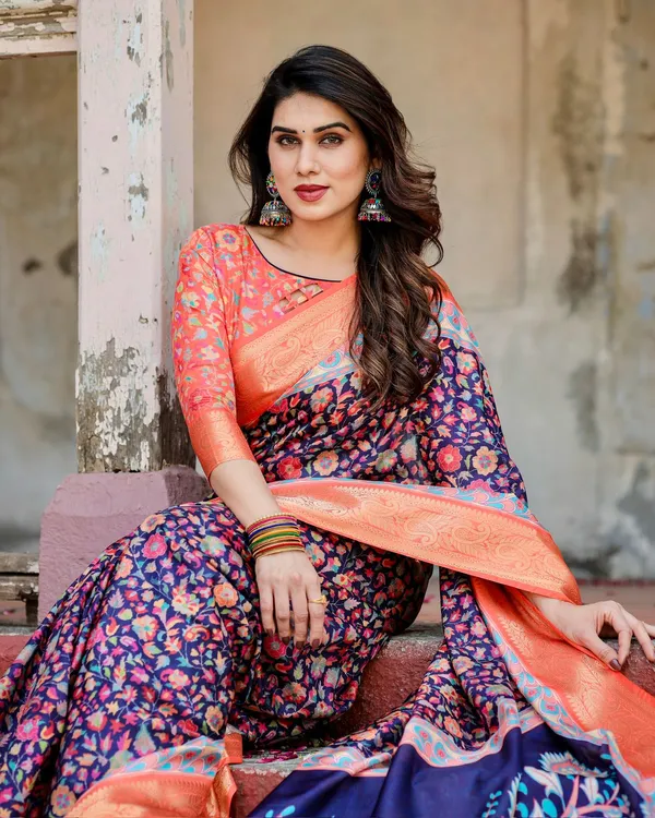 Navy Blue Floral Silk Saree with Peach Zari Border
