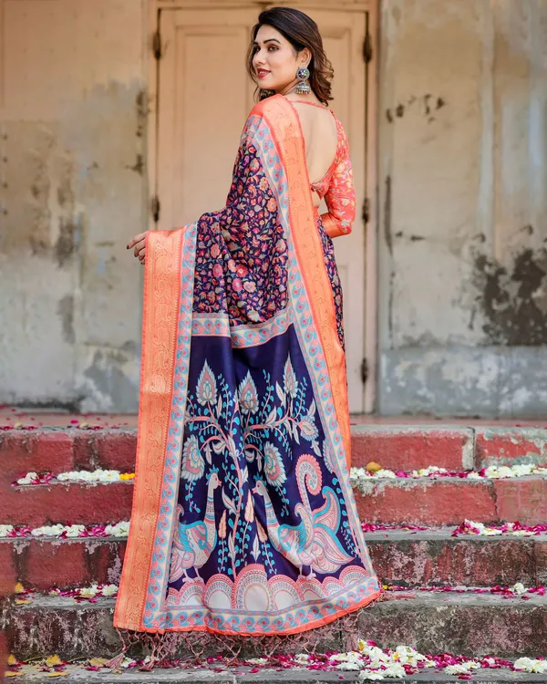 Navy Blue Floral Silk Saree with Peach Zari Border