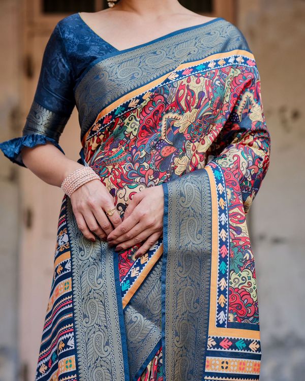 Blue Banarasi Silk Saree with Digital Ethnic Design