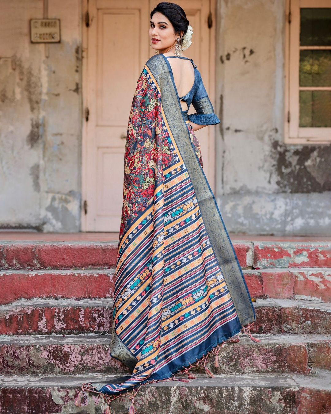 Blue Banarasi Silk Saree with Digital Ethnic Design