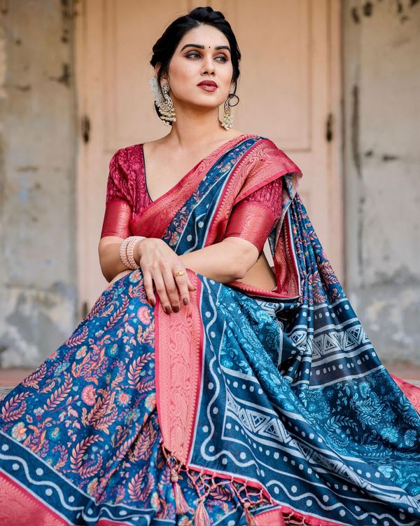 Blue Pink Banarasi Silk Saree with Zari Border