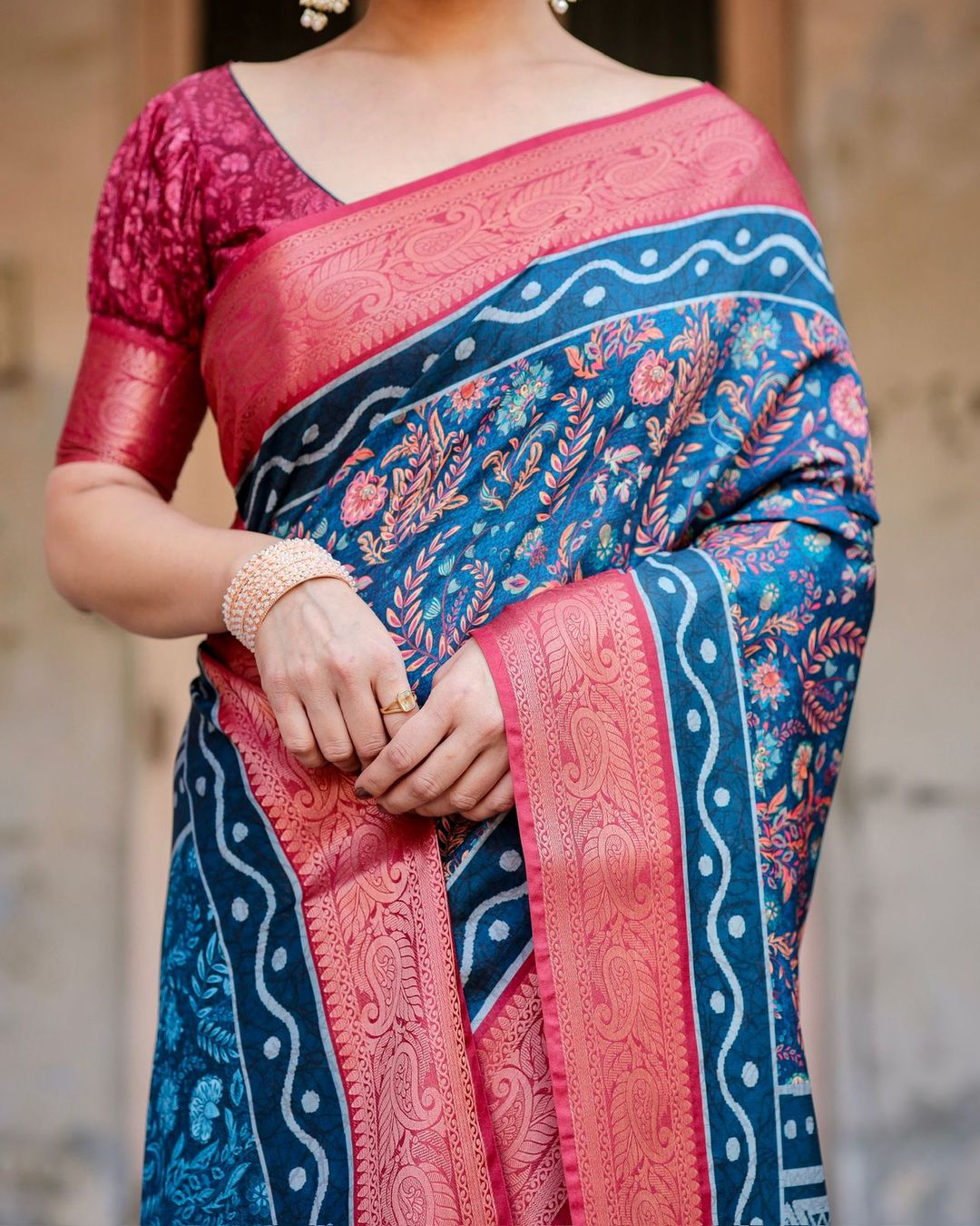 Blue Pink Banarasi Silk Saree with Zari Border