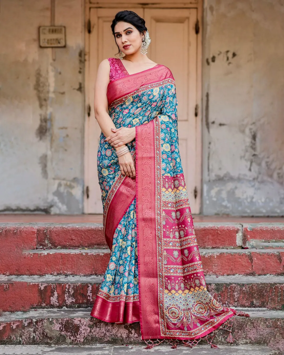Blue Pink Banarasi Silk Saree with Floral Pattern