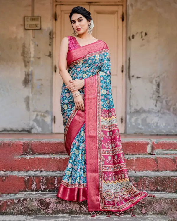 Blue Pink Banarasi Silk Saree with Floral Pattern