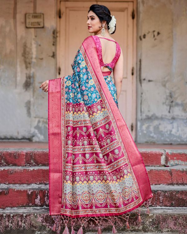 Blue Pink Banarasi Silk Saree with Floral Pattern