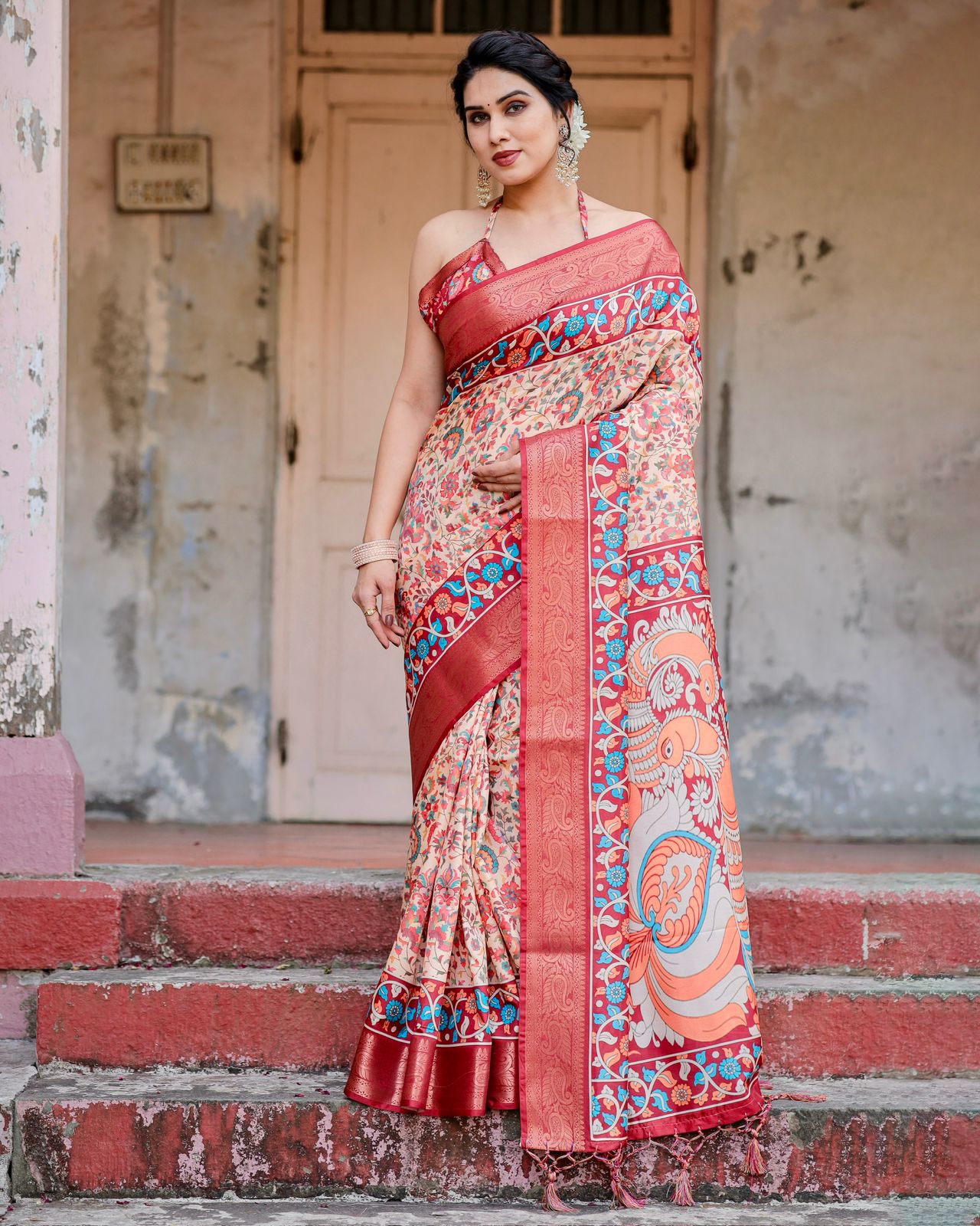 Floral red banarasi silk saree for reception