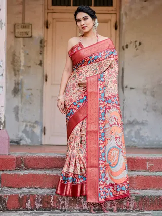 Red Beige Banarasi Silk Saree with Floral Pattern