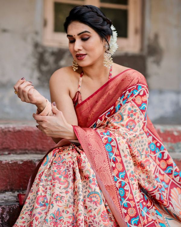 Red Beige Banarasi Silk Saree with Floral Pattern