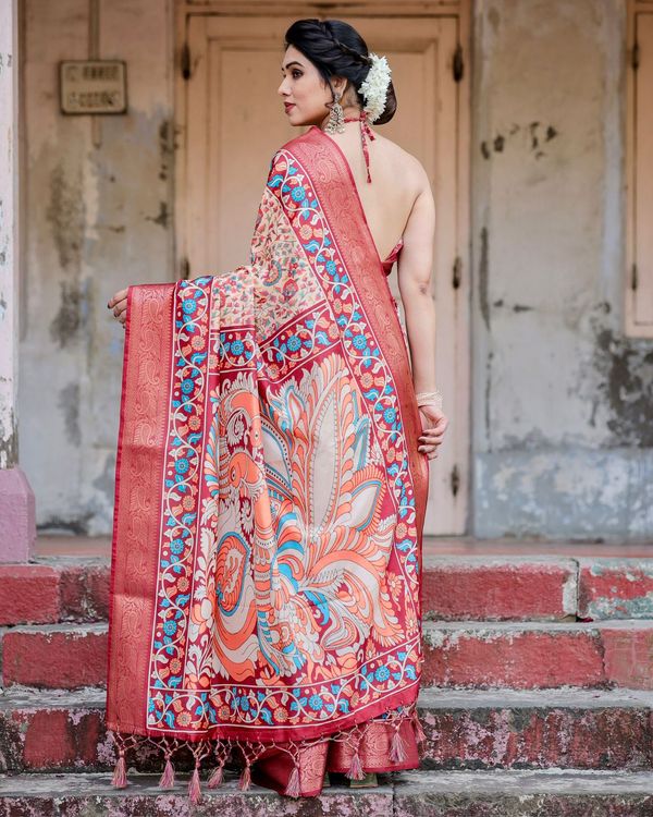 Red Beige Banarasi Silk Saree with Floral Pattern