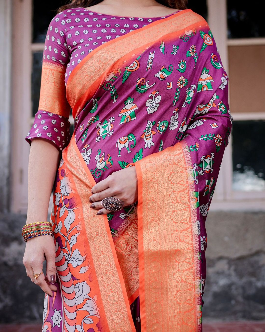 Purple Banarasi Silk Saree with Ethnic Print
