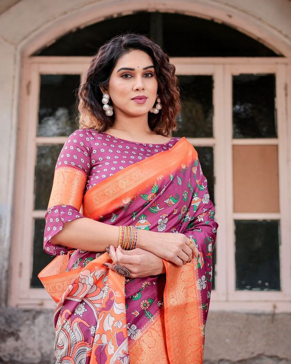 Purple Banarasi Silk Saree with Ethnic Print