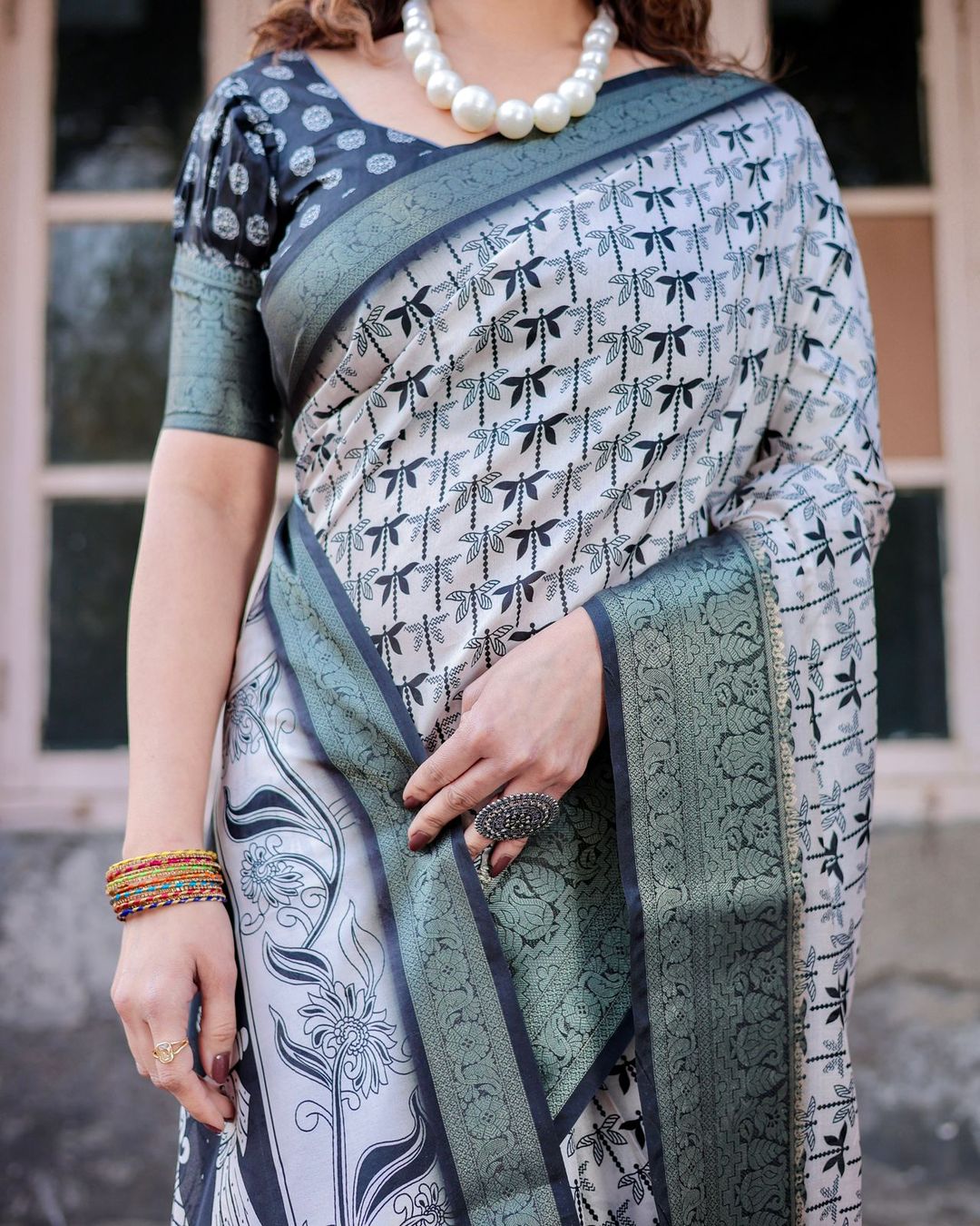 Grey Banarasi Silk Saree with Dragonfly Design
