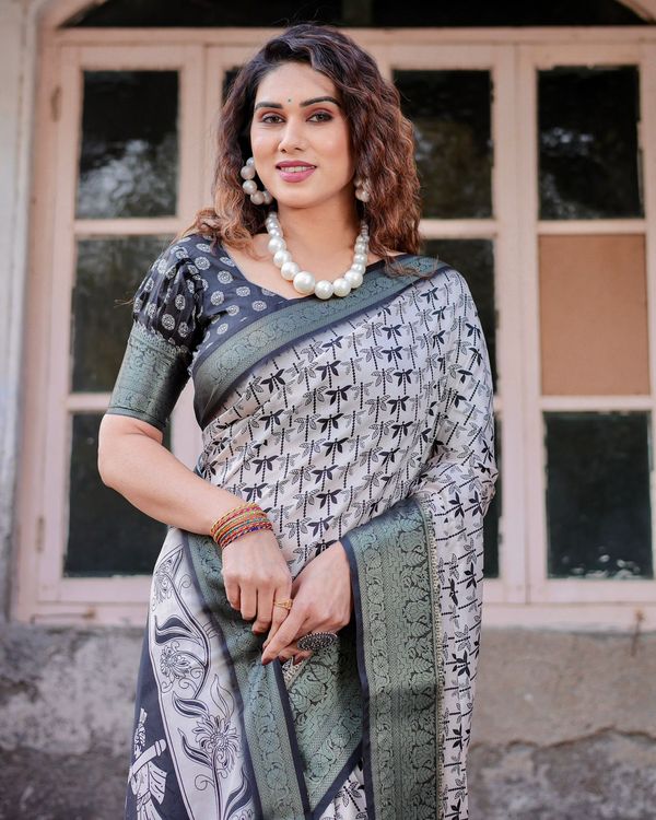 Grey Banarasi Silk Saree with Dragonfly Design