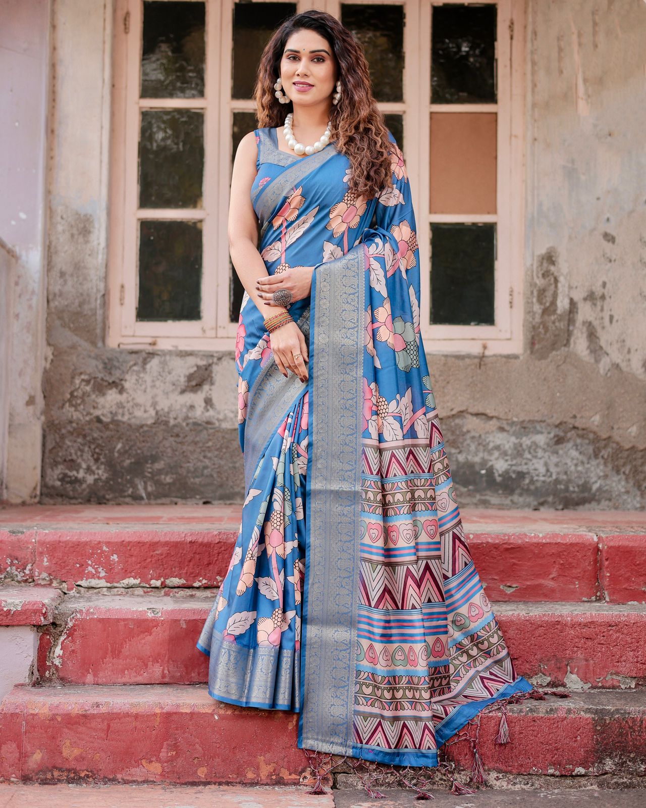 Floral blue banarasi silk saree for wedding