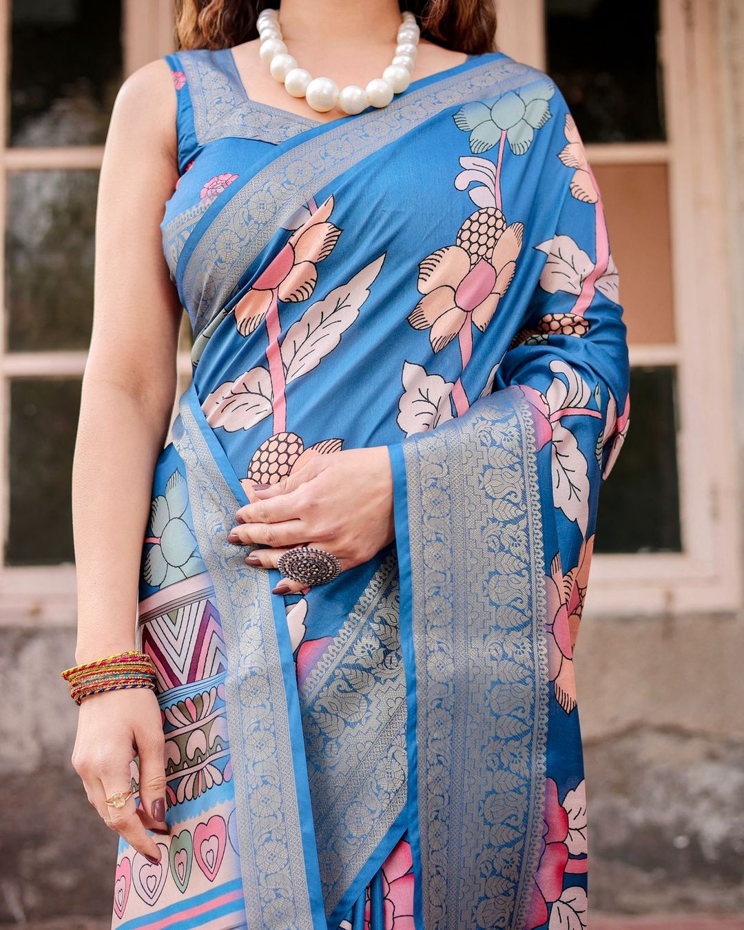 Blue Banarasi Silk Saree with Floral Design