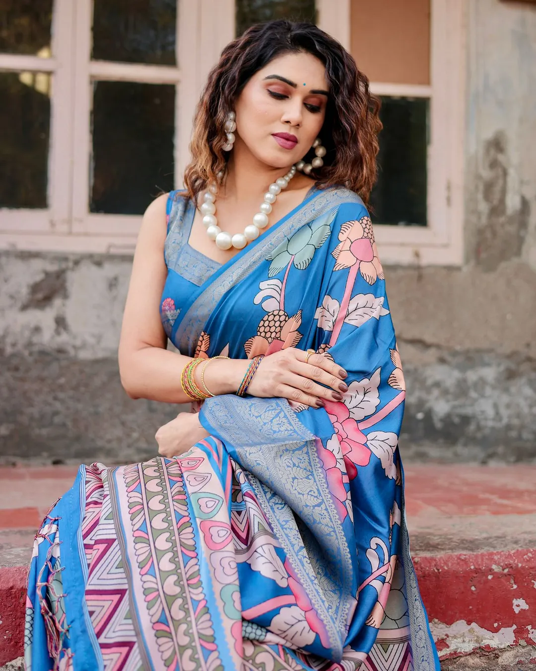 Blue Banarasi Silk Saree with Floral Design