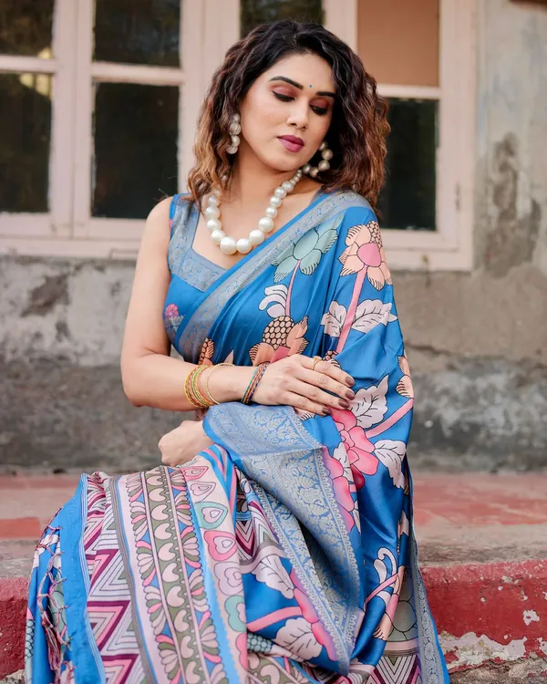 Blue Banarasi Silk Saree with Floral Design