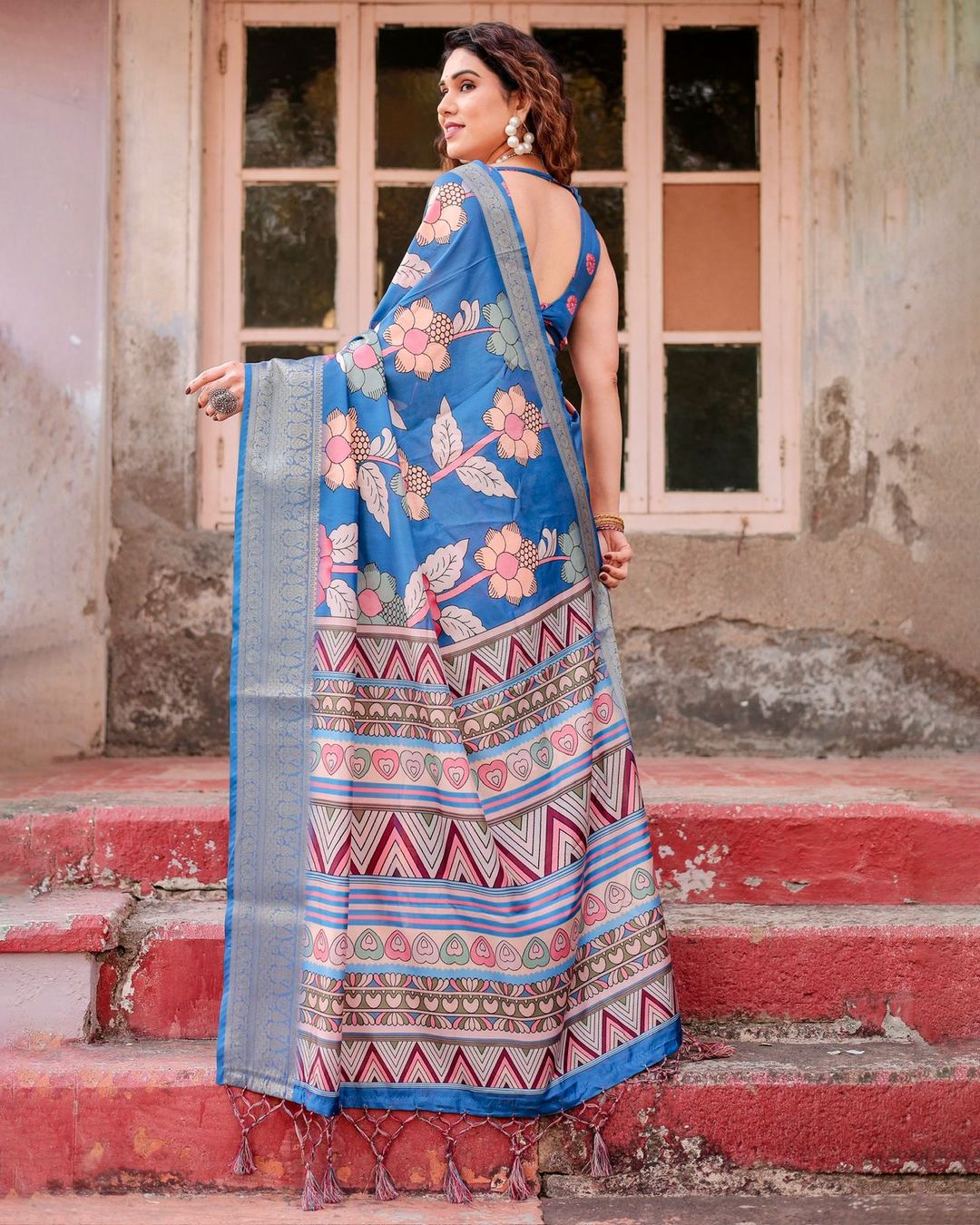 Blue Banarasi Silk Saree with Floral Design