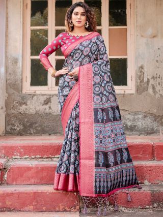 Black Pink Banarasi Silk Saree with Mandala Print