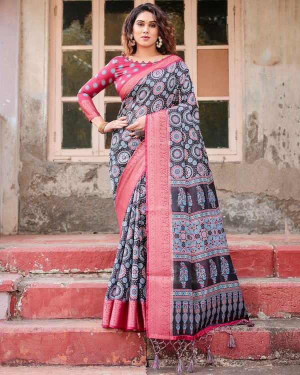Black Pink Banarasi Silk Saree with Mandala Print