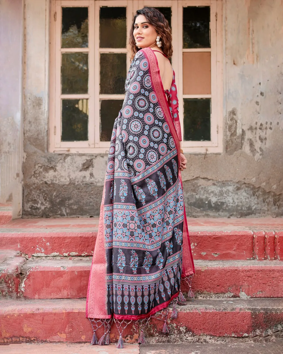 Black Pink Banarasi Silk Saree with Mandala Print