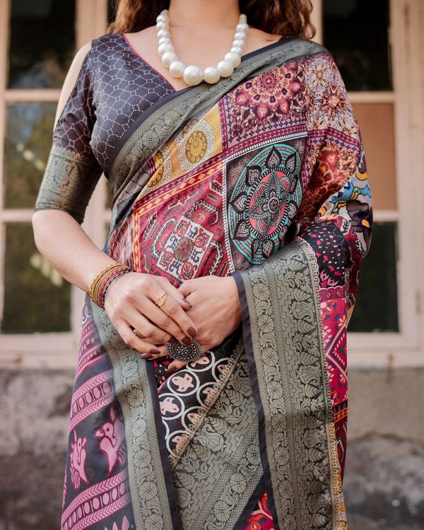 Multi Color Banarasi Silk Saree with Artistic Prints