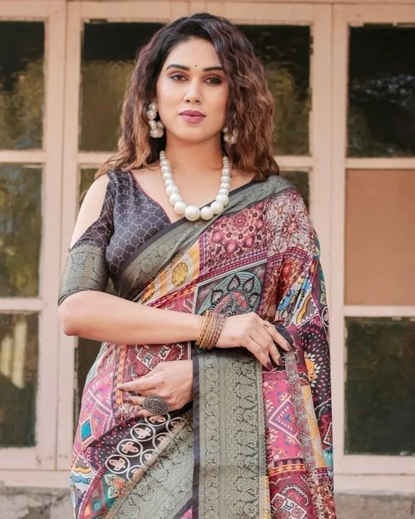 Multi Color Banarasi Silk Saree with Artistic Prints