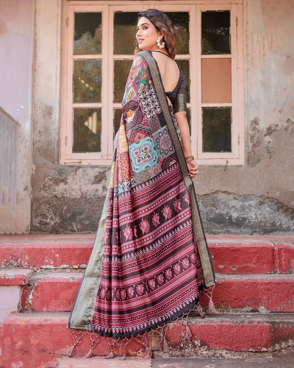 Multi Color Banarasi Silk Saree with Artistic Prints