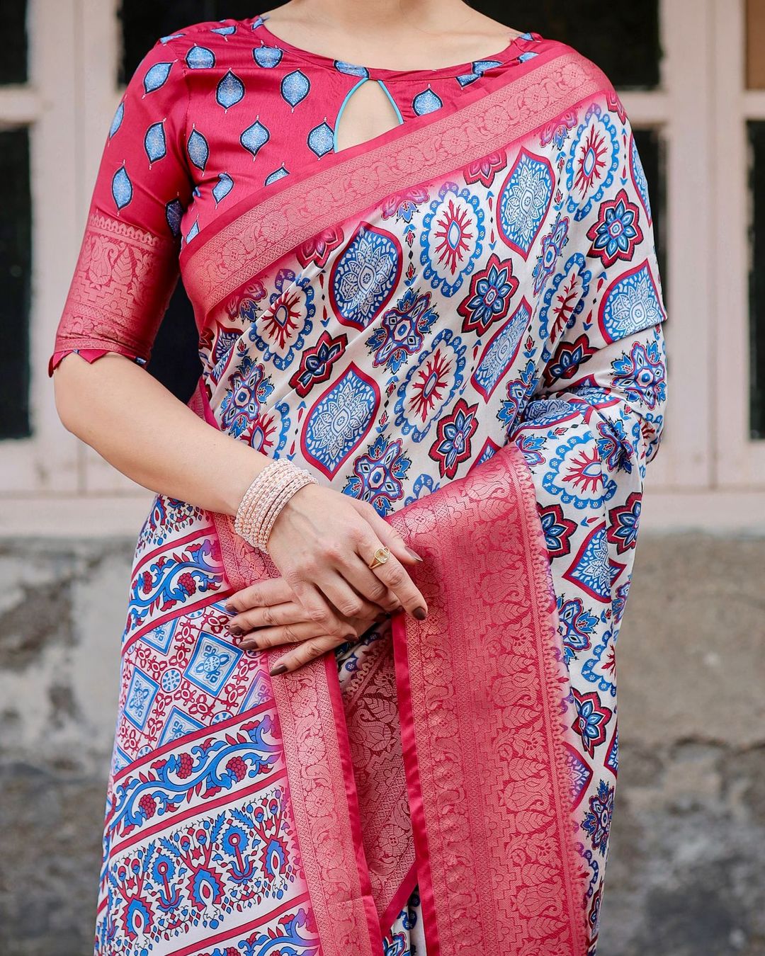 Red Blue Printed Banarasi Silk Saree Online India