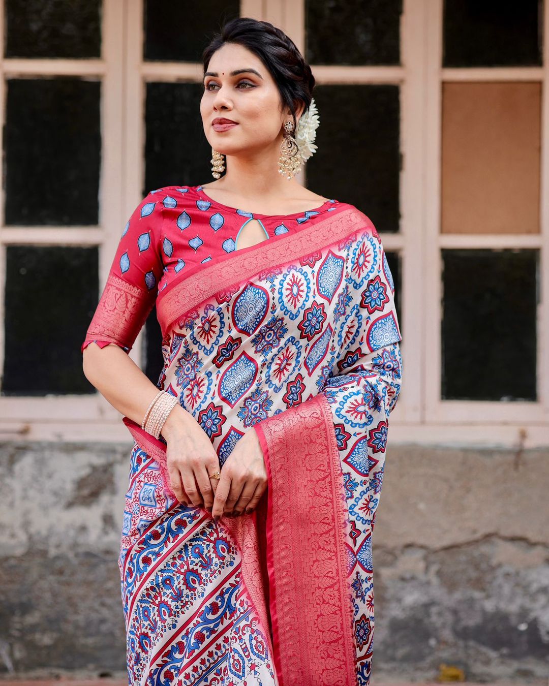Red Blue Printed Banarasi Silk Saree Online India