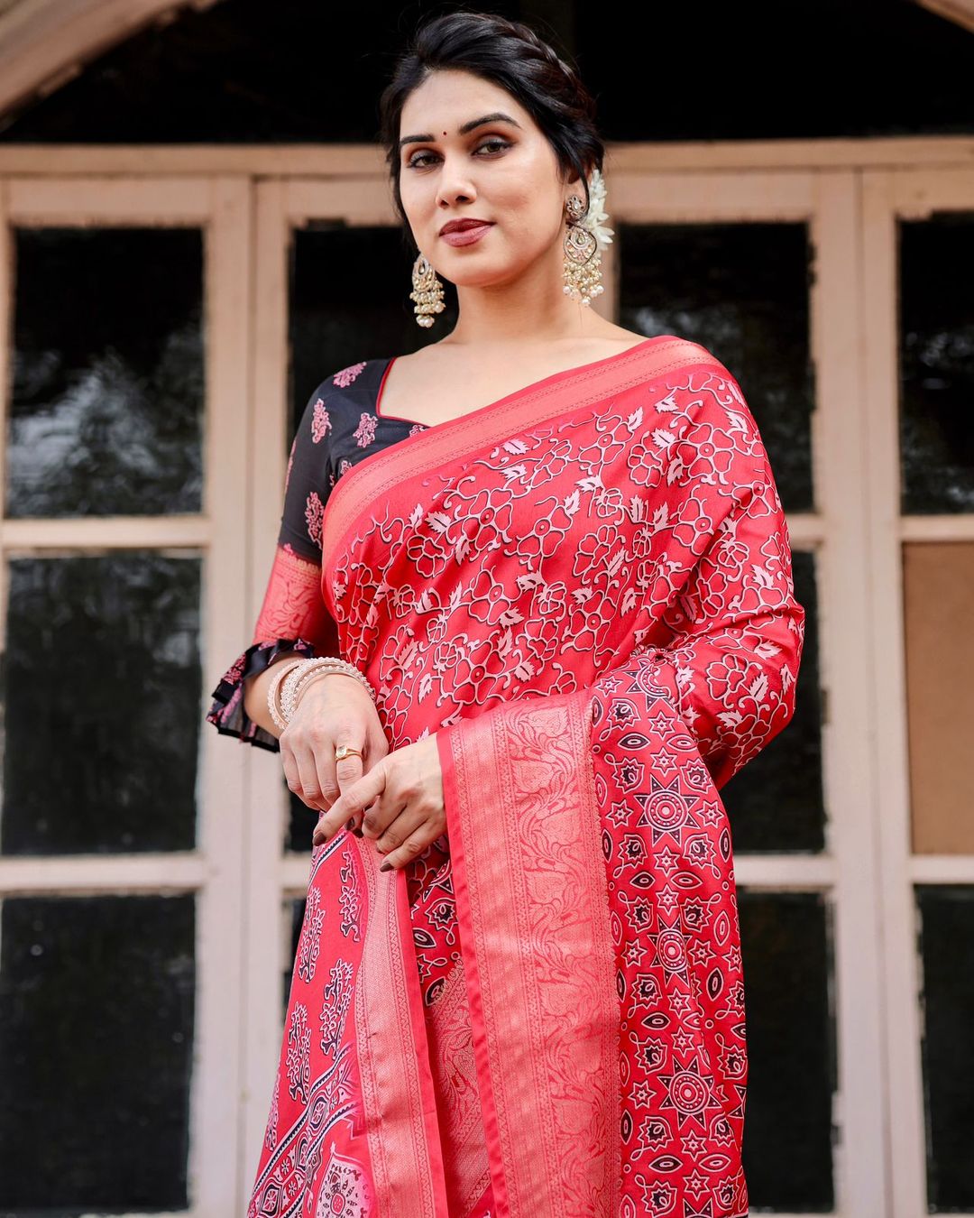 Bold Ajrakh Banarasi Saree for Elegant Festive Styling