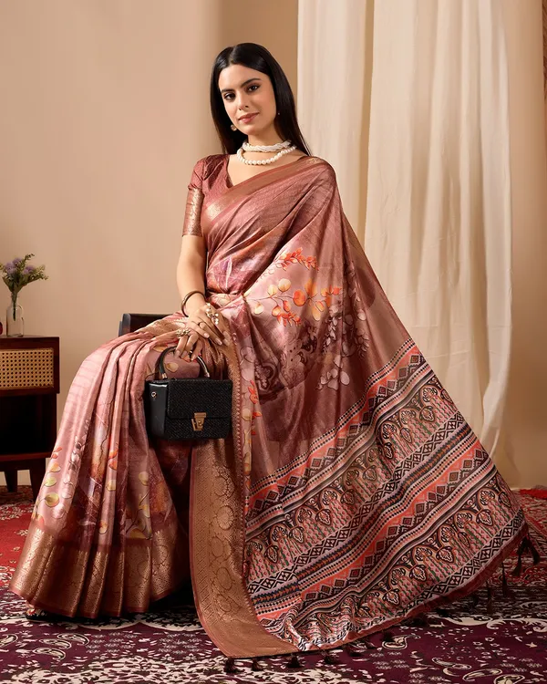 Elegant Rust Linen Cotton Printed Saree Set