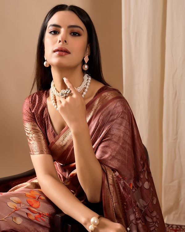 Elegant Rust Linen Cotton Printed Saree Set