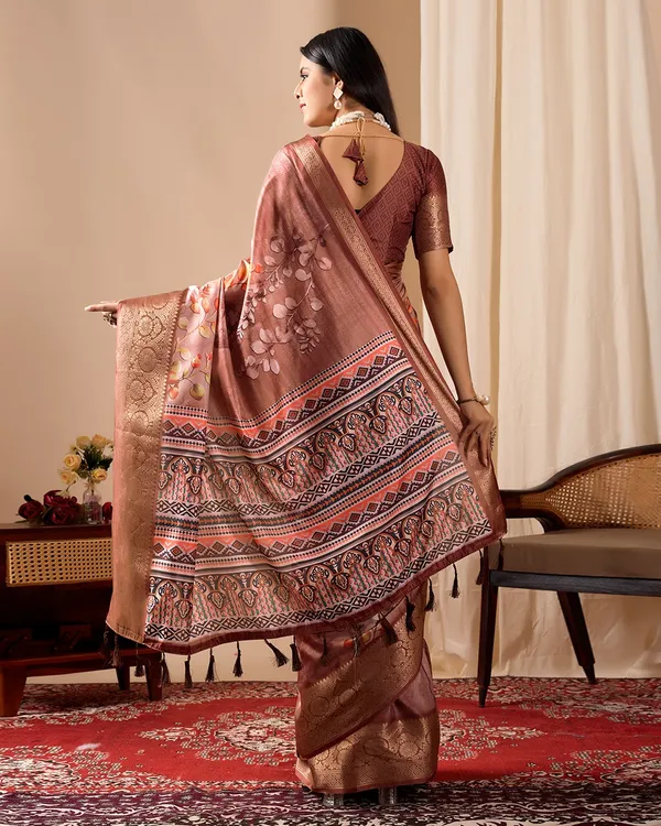 Elegant Rust Linen Cotton Printed Saree Set