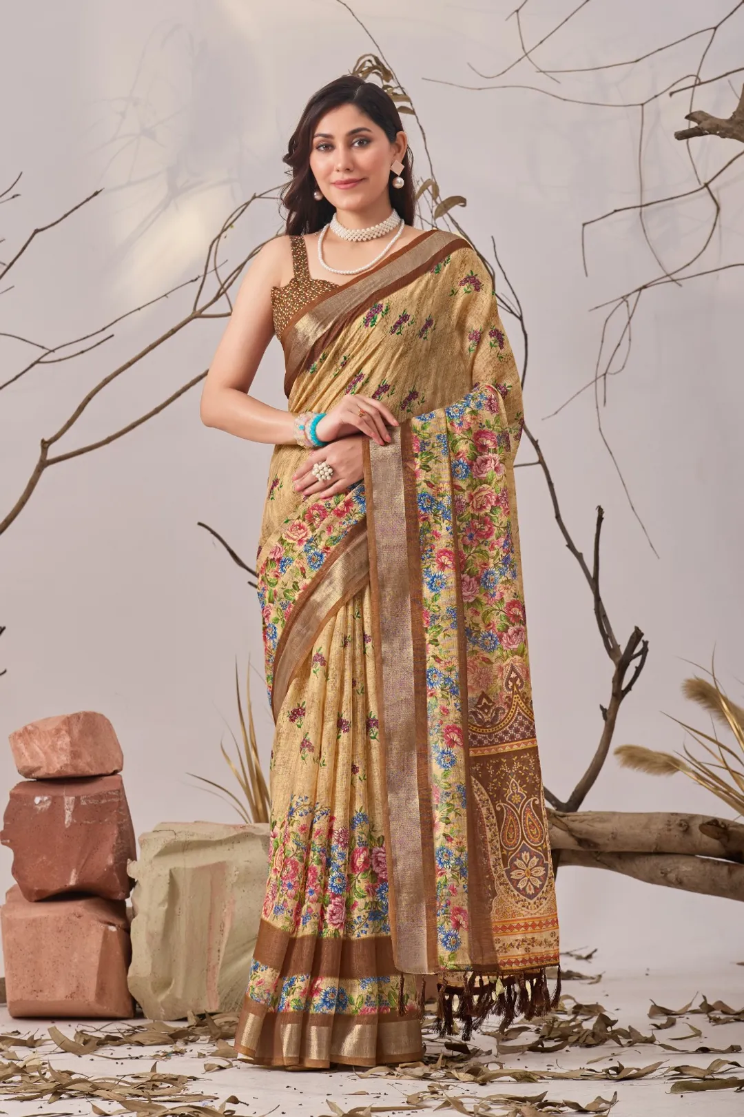 Floral Linen Cotton Saree with Printed Blouse