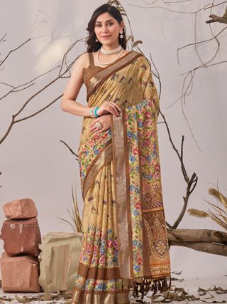 Floral Linen Cotton Saree with Printed Blouse