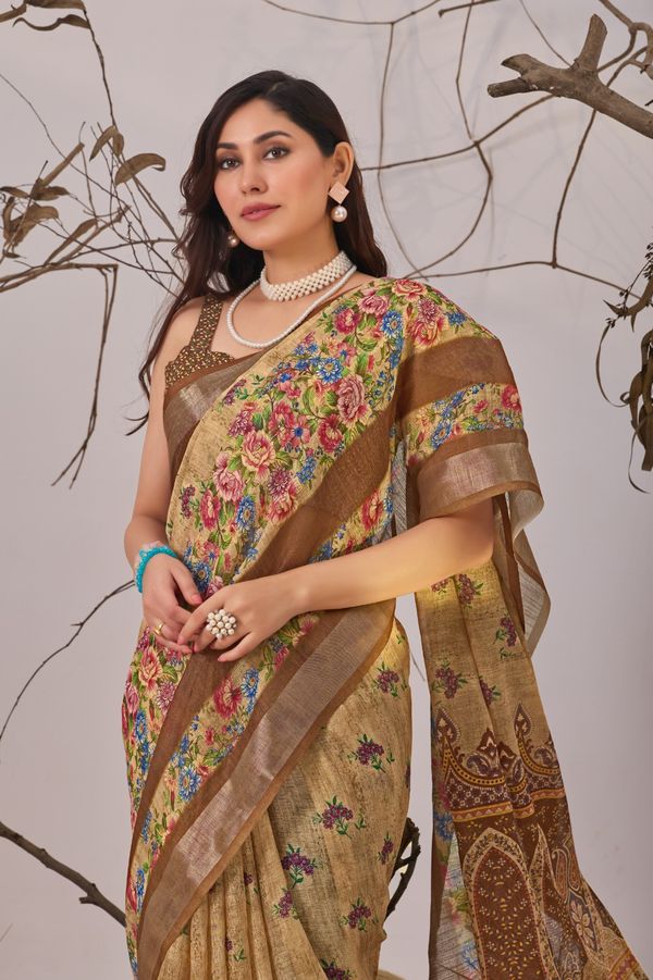 Floral Linen Cotton Saree with Printed Blouse