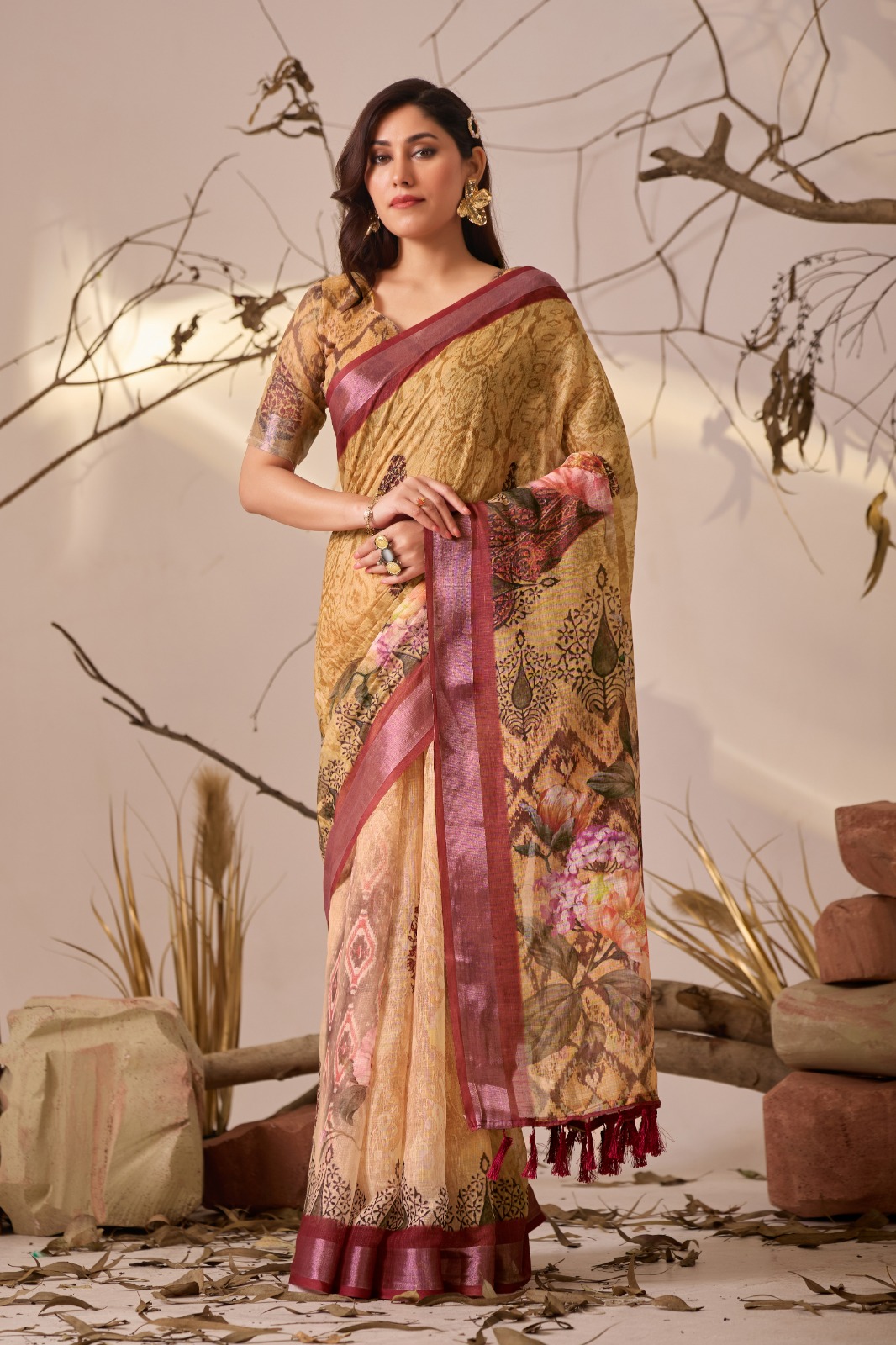 Printed beige saree for festival