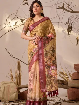 Traditional Beige Multicolor Printed Saree