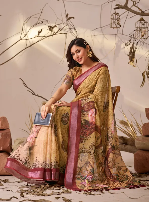 Traditional Beige Multicolor Printed Saree