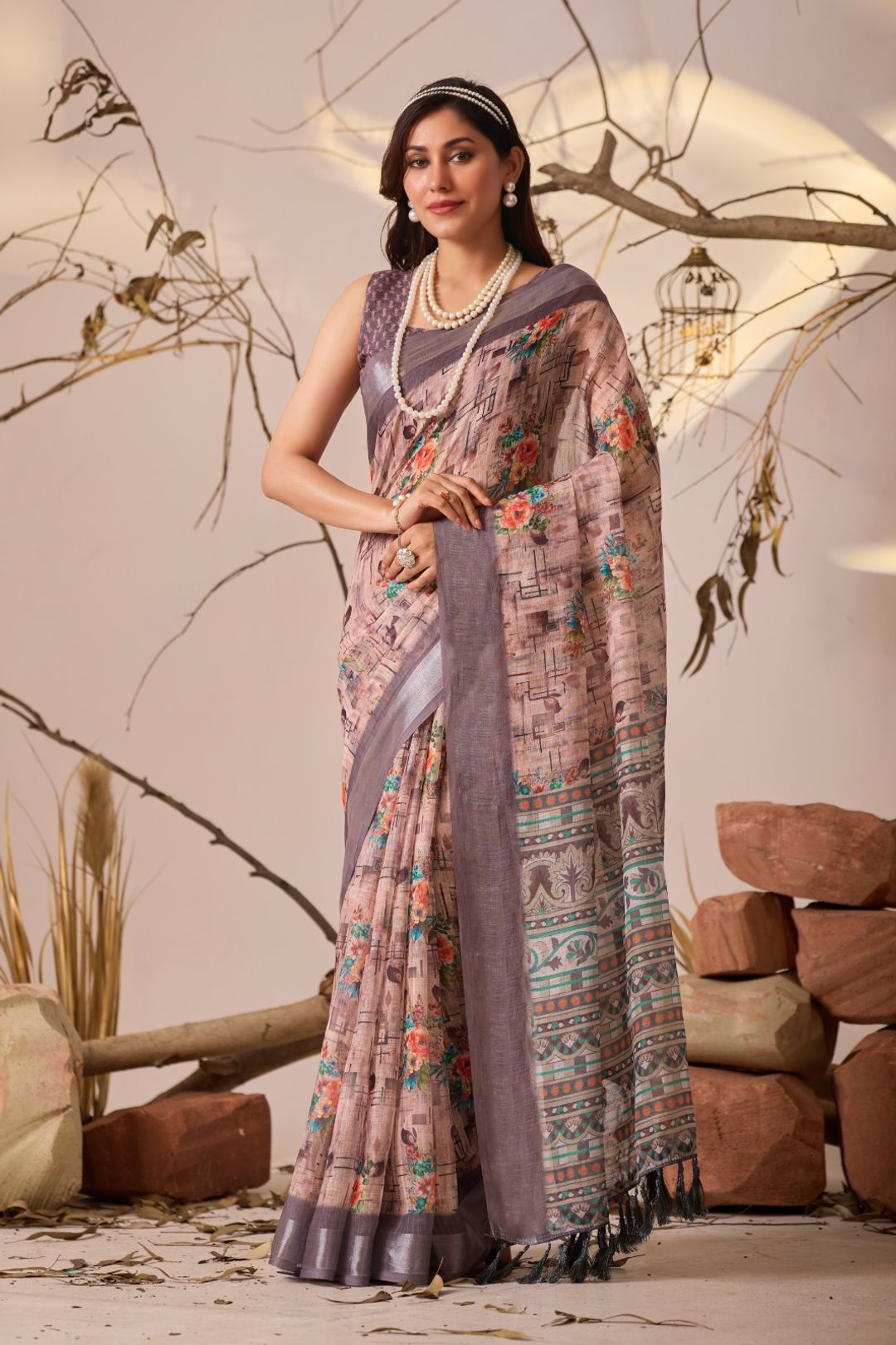 Grey Blossom Linen Cotton Designer Saree